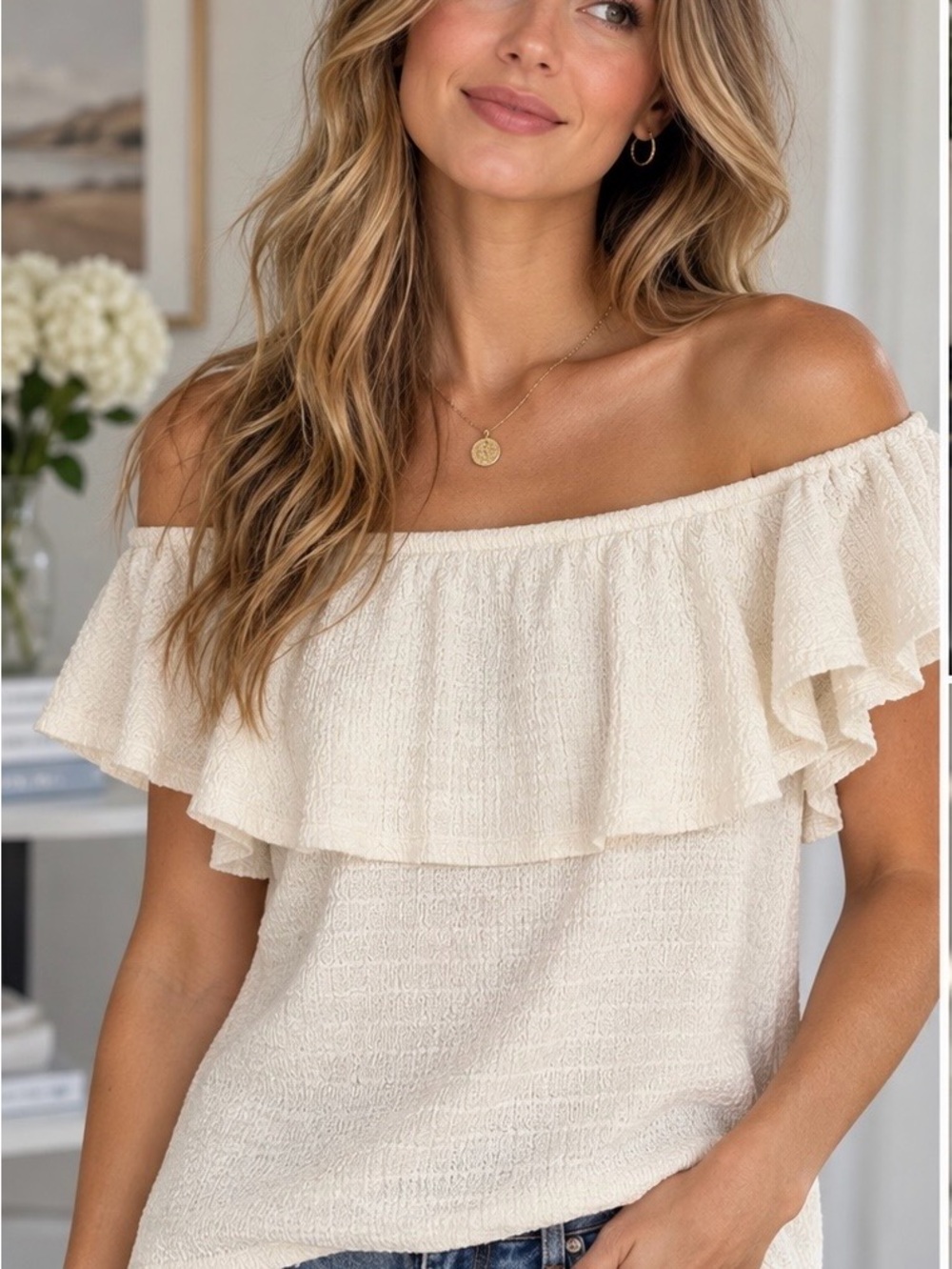 Anthropologie Women’s Medium Ivory Off Shoulder Ruffle Textured Top Blouse
